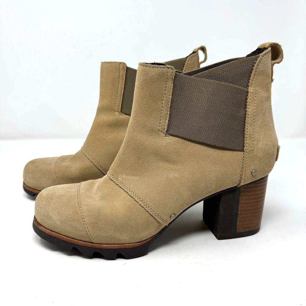Sorel Addington Tan Suede Heeled Boots Booties 10 Chunky Boho Bohemian Preppy